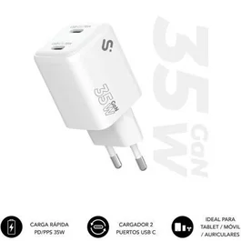 CARGADOR PARED/VIAJE USB-C + USB-C GaN 35W PD BLANCO SUBBLIM